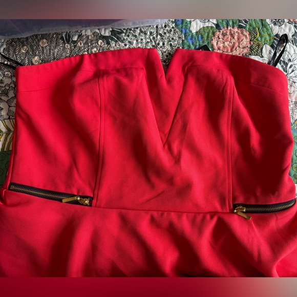 City Chic Red Strapless Peplum Midi Dress with Zip Details - Picture 2 of 5